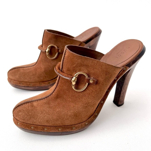 GUCCI | Brown Suede Horsebit Nailhead High Heel Wood Mule Clogs Platform US 8.5 - Picture 1 of 16